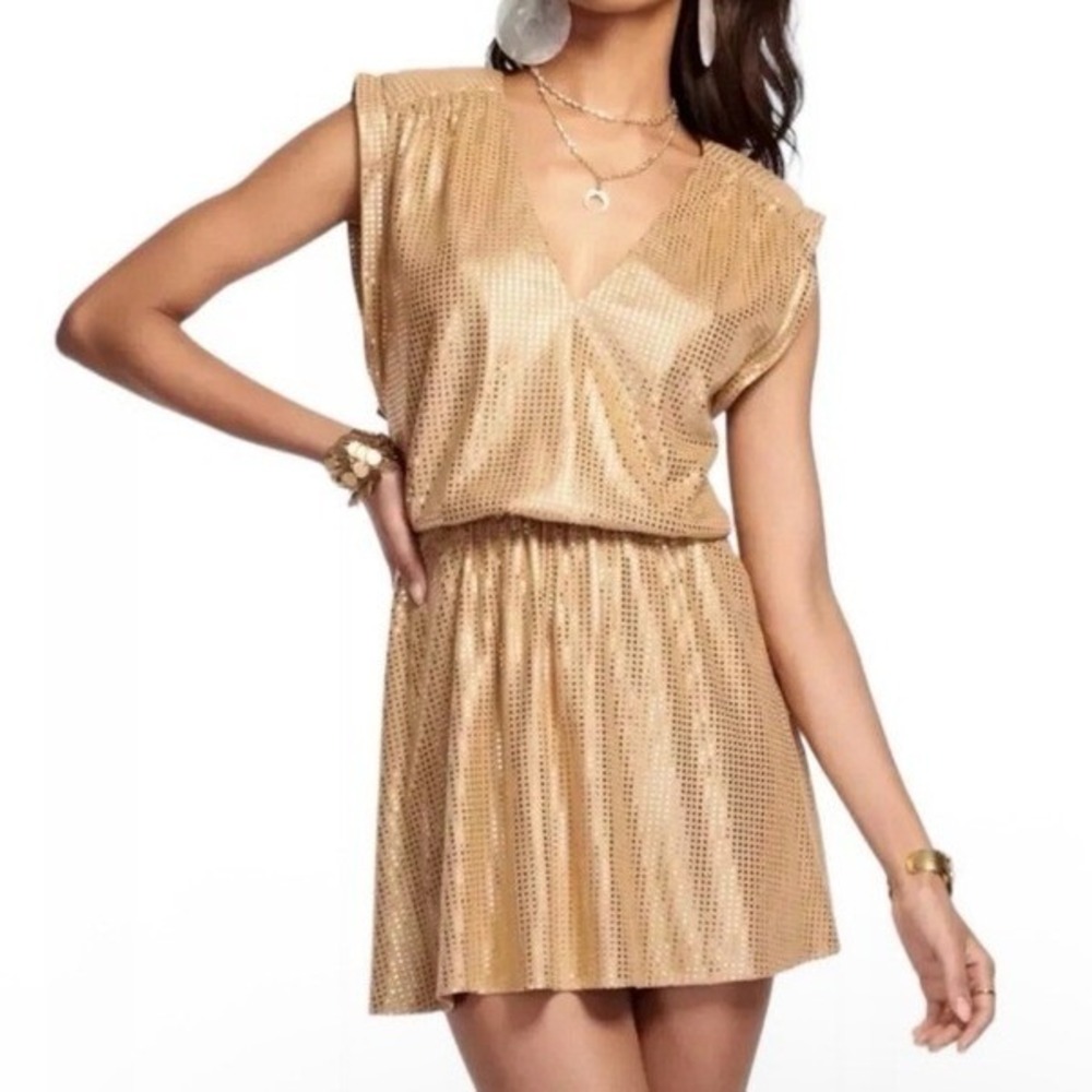 Ramy Brook Ann Dress Women's Medium Gold Faux Suede‎ Party V-Neck Mini